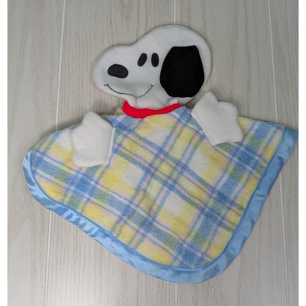 Knickerbocker Snoopy Security Blanket  Lovey Blue Yellow Plaid Fleece Vintage